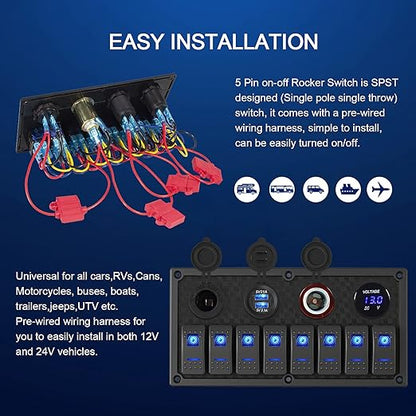 Marine Boat Rocker Switch Panel,Waterproof 8 Gang Toggle Switch Panel with Dual USB and Voltmeter Panel for RVs, Cars, Boats, Trucks,Trailers - 12-24V