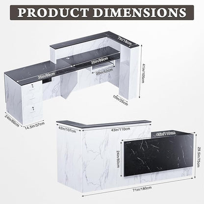R-Shaped Modern Reception Desk with Counter & Storage - 71"/84" Large Office Front Desk, Salon Checkout Counter with Lockable Cabinets, Shelves & Drawers (Black & White, Right - 71''L x 34''W x 41''H)
