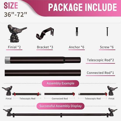 Curtain Rods for Window 36 to 72 Inches Vintage Bronze Curtain Rod with Bird Finials Adjustable Drapery Rod Heavy Duty Curtains Rods for Living Room Kitchen Window