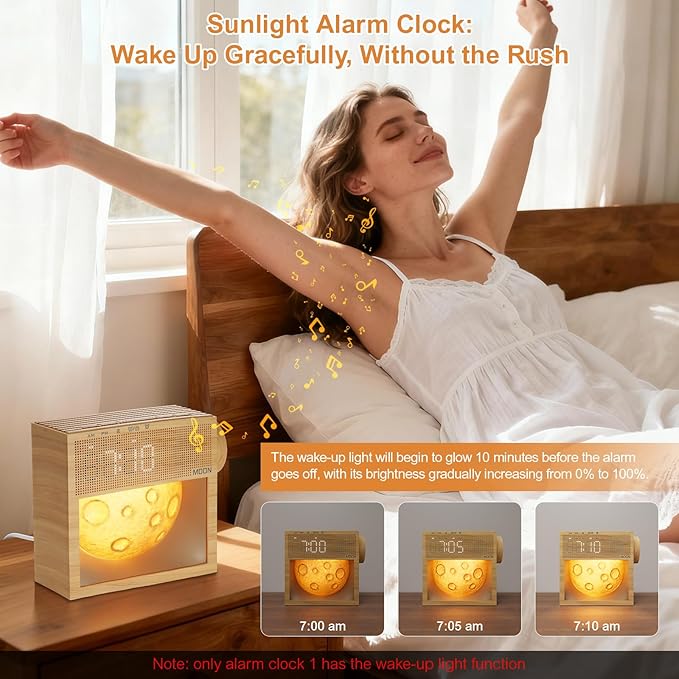 Sunrise Alarm Clock, Sound Machine & Gentle Wake-Up Light, Dual Alarms 20 Natural White Noise Machine for Heavy Sleepers Adults, Snooze, Timer, Dimmable Bedroom Bedside Moon Lamp, Better Sleep Gifts