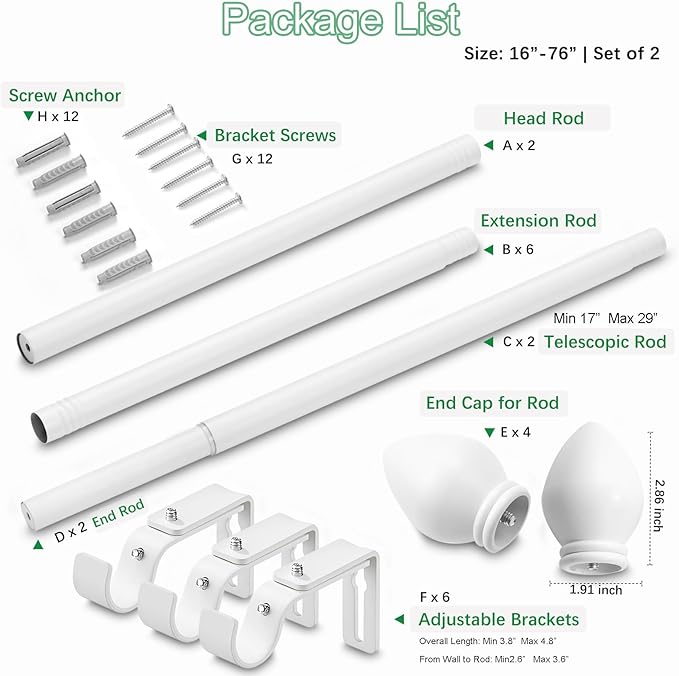 Curtain Rods for Windows 16 to 76 inches, Curtain Rod Max Adjustable Length to 88 in, Drapery Rod 1 inch Diameter with Modern Knobs Finials (White, 16" to 76" - Set of 2)