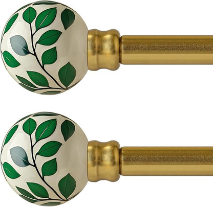 Ceramic Gold Curtain Rods Set of 2 for Windows 72 to 144 Inches Adjustable Length Duty 1" Diameter Window Curtain Rod with Modern Green Leaf Pattern Decorative Finials for Bedroom Living Room Kitchen