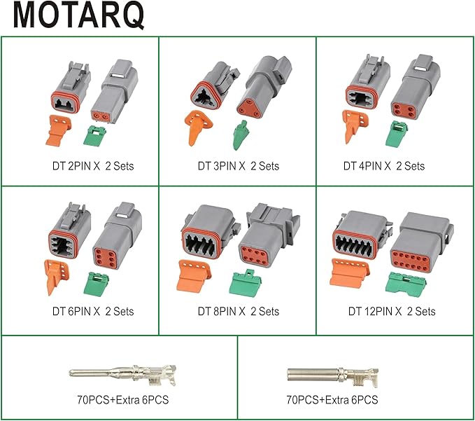 Deutsch Connector Kit 24 Sets, 2/3/4/6/8/12 Pin DT Connector Kit, Automotive Waterproof Wire Connectors, Electrical Connectors Kit with 16# Stamped Contacts for Car, RV, Truck Wiring 22-16AWG
