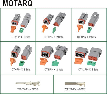Deutsch Connector Kit 24 Sets, 2/3/4/6/8/12 Pin DT Connector Kit, Automotive Waterproof Wire Connectors, Electrical Connectors Kit with 16# Stamped Contacts for Car, RV, Truck Wiring 22-16AWG