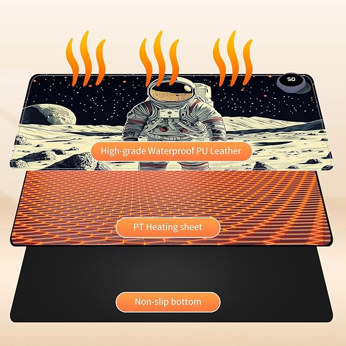 Small Heated Desk Pad 23.6" x 14.2" – Compact Electric Mouse Pad with 3 Heating Levels, Auto Shut-Off, Waterproof PU Surface, Plug-in Warmer for Office or Home Use, Astronaut on Moon