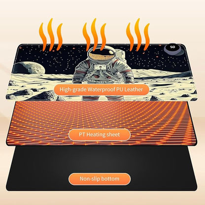 Heated Mouse Pad for Desk 31.5" x 13" – PU Leather Warm Desk Pad with 3 Heat Levels (104°F/113°F/122°F), Plug-in Electric Heating Mat with Auto Shut-Off, Waterproof & Rollable, Astronaut on Moon