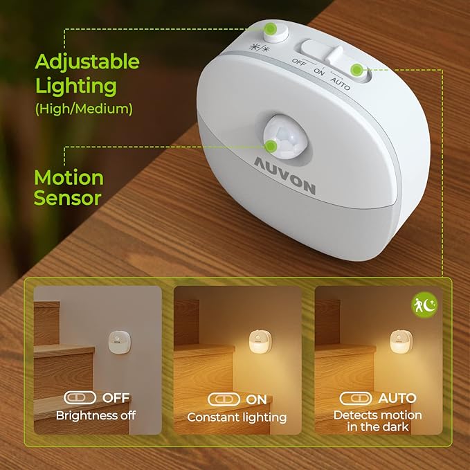 AUVON Rechargeable Battery Night Light, Mini with Motion Sensor, Warm White LED Stick-On Closet Light with Dusk to Dawn Sensor, Adjustable Brightness for Wall, Stairs, Hallway, Cabinet (4 Pack)