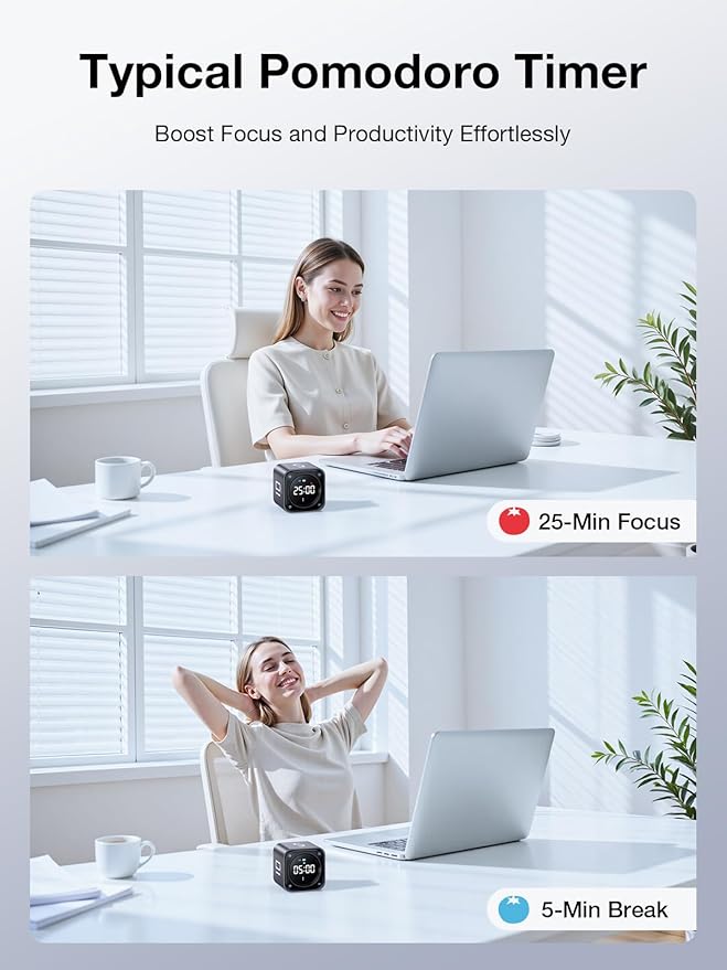 TK3 Pomodoro Timer Cube, Desk Productivity Timer with 5/10/30/60 Min Presets, Custom Countdown, Stopwatch, Clock, 3 Alarm, Silent, Vibrate & Sound Mode, for Task, ADHD, Study, Kitchen (Obsidian Black)