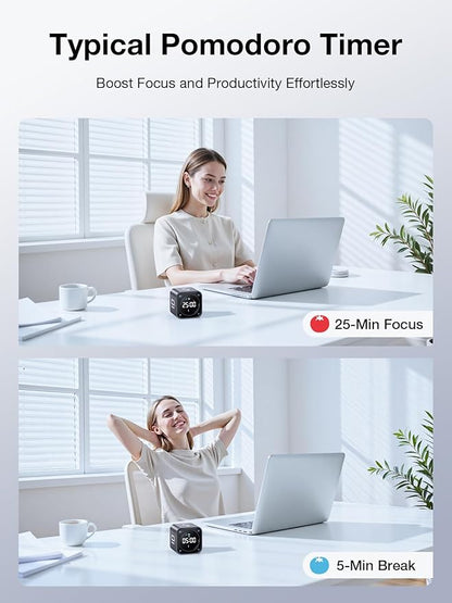 TK3 Pomodoro Timer Cube, Desk Productivity Timer with 5/10/30/60 Min Presets, Custom Countdown, Stopwatch, Clock, 3 Alarm, Silent, Vibrate & Sound Mode, for Task, ADHD, Study, Kitchen (Obsidian Black)