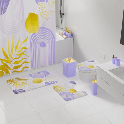 Bathroom Set - Bathroom Sets with Shower Curtain and Rugs, Bathroom Accessory Set, Purple Bathroom Accessories Set with Trash Can, Toilet Brush and Soap Dispensers