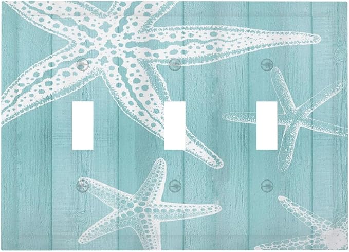 Decorative Light Switch Cover Plate Starfish Teal Wood Board Nautical 3 Gang Wall Plates for Electrical Outlets Triple Toggle Switch Plate Covers Outlet Covers Faceplate for Bedroom Home Decor