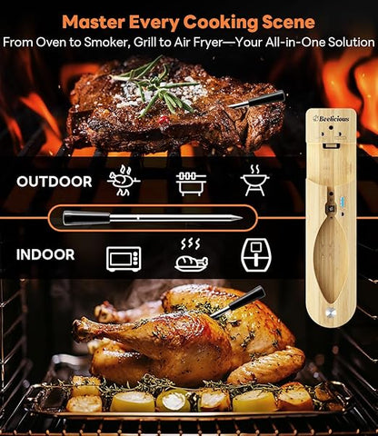 Beelicious Pro Wireless Meat Thermometer – Stable Bluetooth Smart Probe with ±1.8℉ Accuracy, 0.5s Fast Response & Long-Lasting Battery, IP67 Waterproof, App Controlled for Grill, Oven, Air Fryer