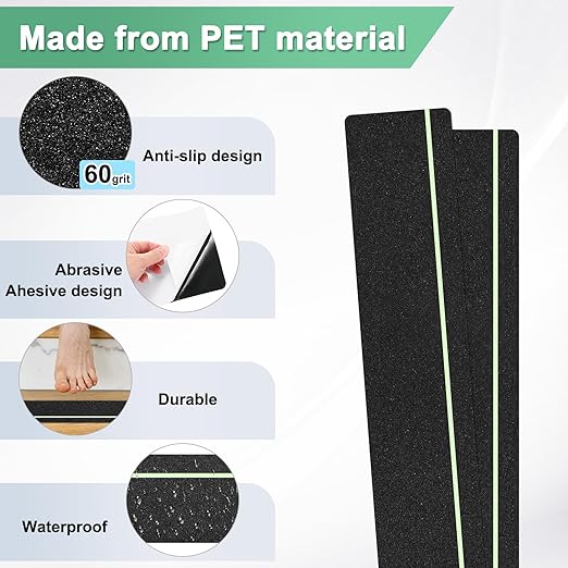 10-Pack Anti Slip Traction Tape 30" x 6" Best Grip Tape Grit with 6mm/0.24" Glow in Dark Stripe High Traction Friction Abrasive Adhesive for Indoor/Outdoor Stairs[Black+Green]