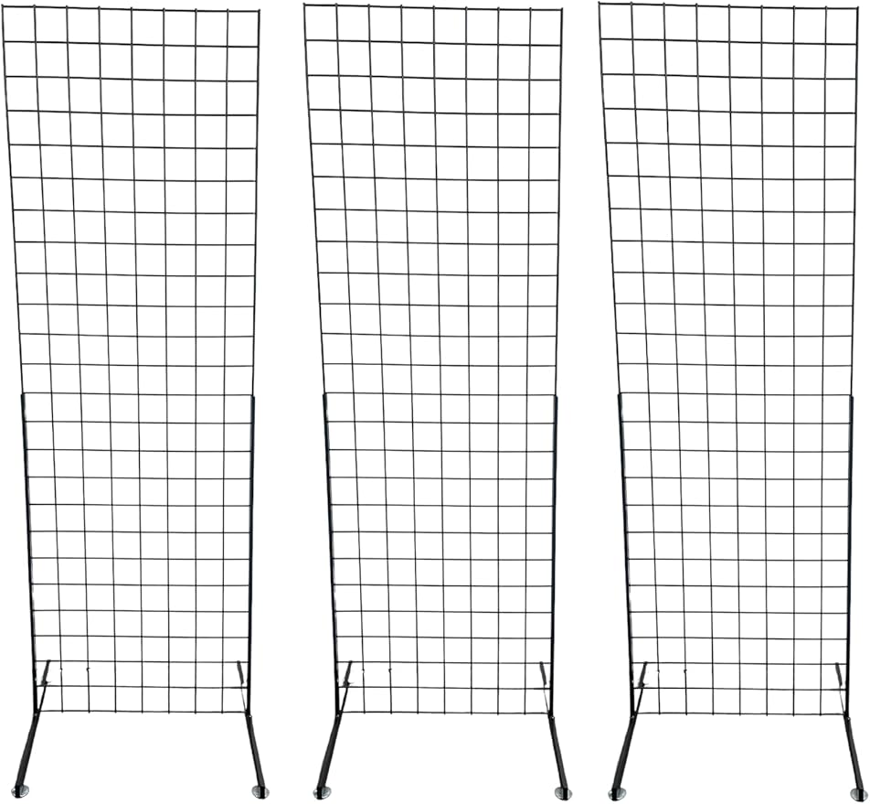 Only Hangers 2' x 6' Grid Wall Panel Floorstanding Display Fixture with Deluxe T-Style Base, Black or White. Three-Pack Combo. (BLACK WITH EZ SLIDE ON LEGS (NO HARDWARE REQUIRED))