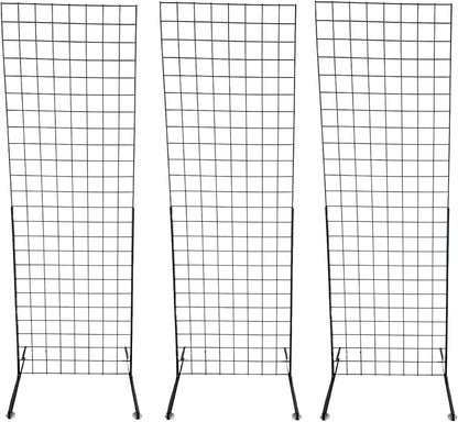Only Hangers 2' x 6' Grid Wall Panel Floorstanding Display Fixture with Deluxe T-Style Base, Black or White. Three-Pack Combo. (BLACK WITH EZ SLIDE ON LEGS (NO HARDWARE REQUIRED))
