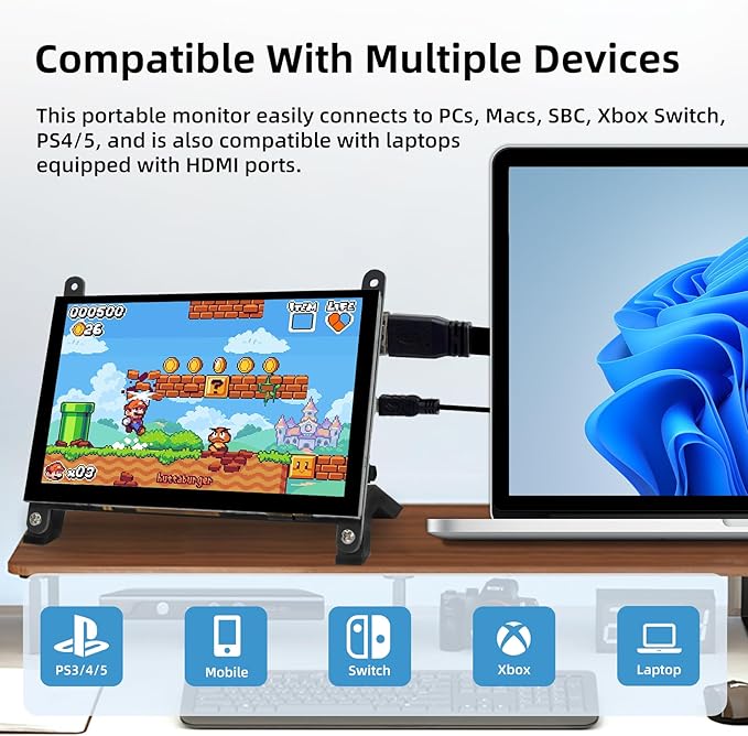5 Inch LCD Touch Screen, 1024x600 IPS Display with Stand, HDMI Portable Monitor for Raspberry Pi 5/4B/3B+/3B/B+/Zero/400, BB Black, Windows 10 8 7, Free Driver
