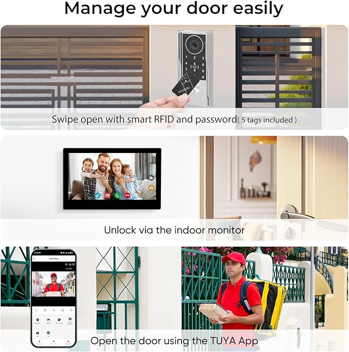2-Wired key pad Video Intercom System with keypad,doorbell with monitor Dual 7'' Touch Screen, 1080P HD Camera, Passcodes Unlock, Night Vision, Tuya app, Waterproof, for Front Gate Apartment Home