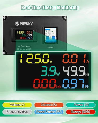 30A AC Power Meter, 125V L5-30P to L5-30R Outlet Energy Monitor, LCD Display Digital Multimeter Tester, Voltage Current Power Frequency Meter with Overload Protection