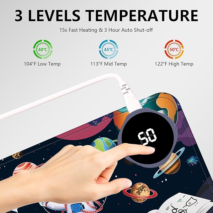 Heated Mouse Pad with 3 Levels Heated & 3 Hours Auto Shut-Off Mouse Pad for Warming Hands in Office Home, 23.6" x 14.2"Large Safe Desk Mat Hand Warmer，Cute Astronaut