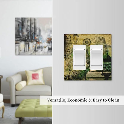 Decorative Outlet Covers Vintage Style Cat City Stamp 2 Gang Double Rocker Light Switch Cover Plate Electrical Switch Plate Cover Decorate GFCI Wall Plate for Bedroom Home Decor