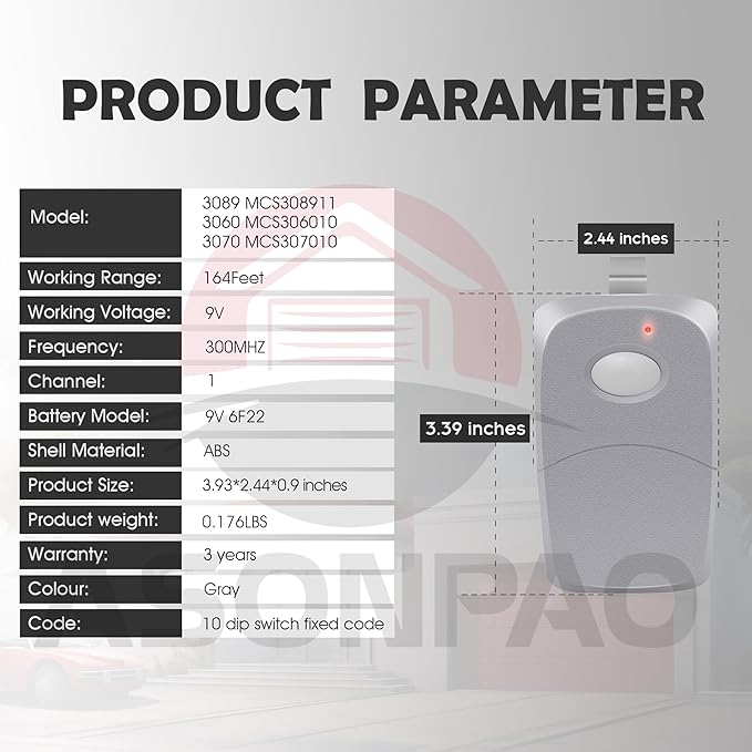 2X Multicode Linear 308911, 10 Dip Switch Gate Opener Remote 300MHz, Multi Code Garage Door Opener Remote, 3-Year-Warranty