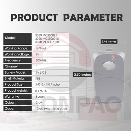 2X Multicode Linear 308911, 10 Dip Switch Gate Opener Remote 300MHz, Multi Code Garage Door Opener Remote, 3-Year-Warranty