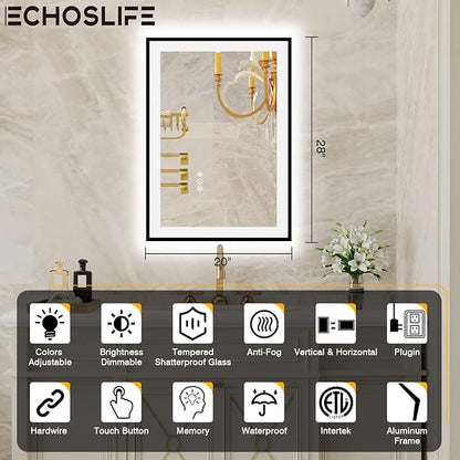 20x28 LED Bathroom Mirrors for Wall -Black Aluminum Framed (Front and Backlit), Anti-Fog Vanity Mirror With Lights,Stepless Dimmable Lighted Mirror,3 Colors Smart Mirror(Horizontal/Vertical)