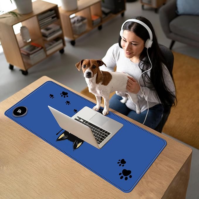 Heated Mouse Pad with 3 Temperature Settings(104°F–122°F),Large 31.5x13 Inch PU Leather Heated Desk Mat,Waterproof Warming Pad for Office,Gaming & Cold Hands Relief,Cute Black Cat