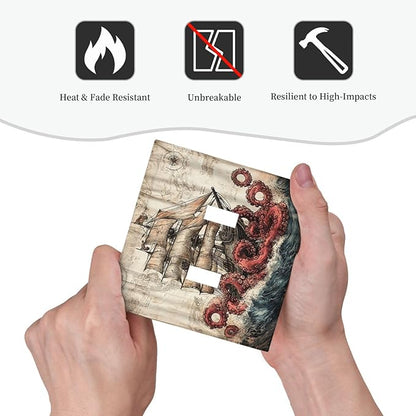 Decorative Switch Plates Vintage Octopus Ocean Sailboat Bizarre Adventure 2 Gang Double Toggle Wall Plate Outlet Light Switch Cover Electrical Faceplate for Bathroom Kids room Decor