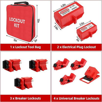 Lockout Tagout Kit Electrical Loto 33Pcs - Safety Padlocks Clamp-On Circuit Breaker Lockout, Group Lockout Hasps, Lockout Tag, Universal Multi- Pole Breaker and Red Carrying Bag