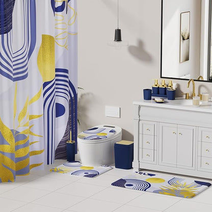 Bathroom Set - Bathroom Sets with Shower Curtain and Rugs, Bathroom Accessory Set, Navy Blue Bathroom Accessories Set with Trash Can, Toilet Brush and Soap Dispensers