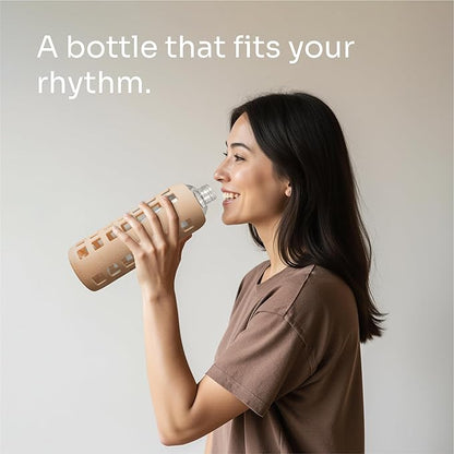 purifyou 40oz / 32oz / 22oz / 12oz Borosilicate Glass Water Bottle with Time & Volume Markers, Silicone Sleeve, Stainless Steel Lid | Reusable Glass Bottle for Water & Juice (40oz Iced Coffee)