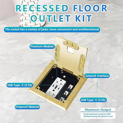 KYHSHJ Recessed Flat Hidden Socket Kit with 2 * 20A Receptacle，8A 1 USB-A Ports &2 USB-C Port+3-Port RJ45 Datacom Receptacle. Internal Height Adjustable，Corrosive Resistant Hardware,Brass