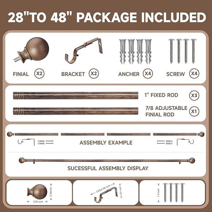 BRIOFOX Walnut Wood Curtain Rods for Windows 28 to 48 Inch(2.3-4ft)- 1'' Diameter Heavy Duty Curtain Rods with Imitation Wood Grain Pattern Finials,Adjustable Decorative Curtain Rods Set,28-48''