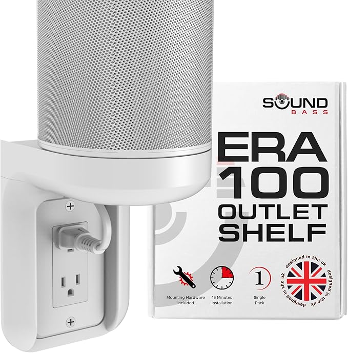 Sound Bass ERA100 Shelf Wall Outlet AC, White, Home, Compatible with Sonos ERA 100, Plug Mount Organizer, Bathroom, Kitchen, Bedrooms, Cord Management, Easy Installation, Mounting Kit Included