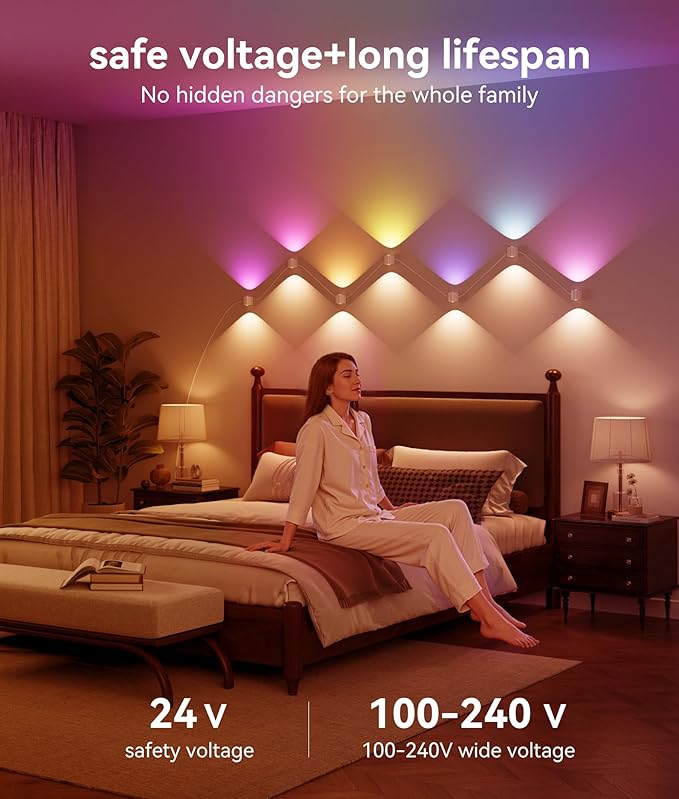 8 Lamp RGBCW Indoor Wall Lights, Up Down Lighting Bedroom Wall Sconces, Music Sync, DIY Styling White Color Changing Wall Lamps For Living room, Party, Home Decor, Compatible Alexa/Google Assistant