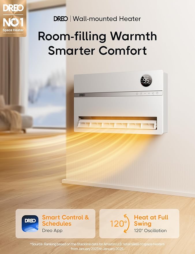 Dreo Wall-Mounted Heater, Smart Space Heater for Bedroom with Dreo FortPlug Overheat Protection, 120° Vertical Oscillation, Thermostat, 24H Timer, 1500W Electric Heater for Indoor, WH729S