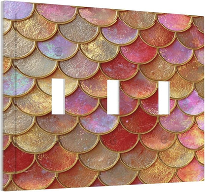 Mermaid Glitter Scale Rainbow Gold Fish Scales Decorative Switch Plates 3 Gang Wall Plate Triple Toggle Light Switch Cover Faceplate Electrical Wall Panels for Bed Room Home Decor