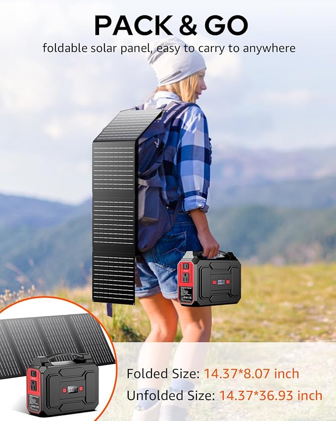 Apowking Solar Powered Generator 200W Peak/100W Rated, Portable Power Station with Solar Panels 40W Included, 146Wh Solar Power Bank with AC Outlet 110V for Home Use Camping Outdoor Adventure