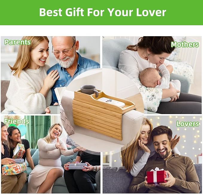 GEHE Couch Cup Holder, Anti Falling Sofa Arm Tray, Natural Bamboo Sofa Cup Holder More Safe for You Family, Portable Couch Arm Tray Armrest Table for Remote, Snacks, Phone, Drinks