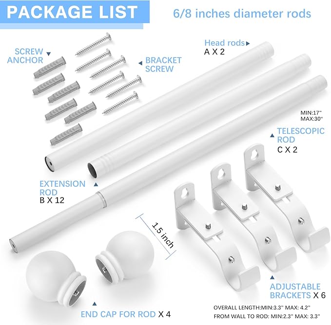 Curtain Rods for Windows 16 to 120 Inches, Curtain Rod Max Adjustable Length of 132 IN, 6/8" Diameter Drapery Rods Round Finials, White, Pack of 2