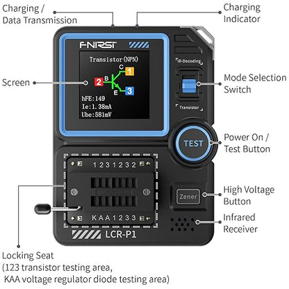 FNIRSI LCR-P1 Transistor Tester, Mosfet Transistor Capacitor Tester, SMD Electronic Component Tester, Diode Triode Zener Diode Resistance Inductance Battery Test LCR Meter MOS PNP NPN ESR Meter