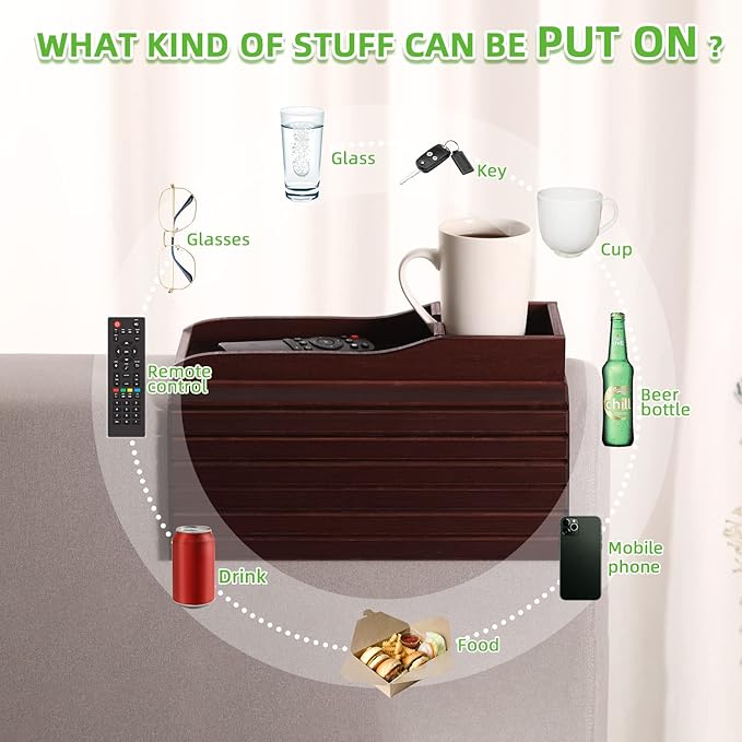 GEHE Couch Cup Holder, Anti Falling Sofa Arm Tray, Natural Bamboo Sofa Cup Holder More Safe for You Family, Portable Couch Arm Tray Armrest Table for Remote, Snacks, Phone, Drinks