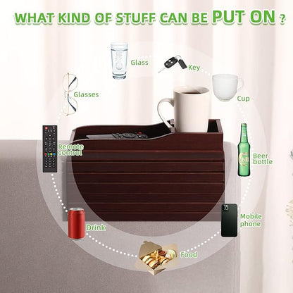GEHE Couch Cup Holder, Anti Falling Sofa Arm Tray, Natural Bamboo Sofa Cup Holder More Safe for You Family, Portable Couch Arm Tray Armrest Table for Remote, Snacks, Phone, Drinks