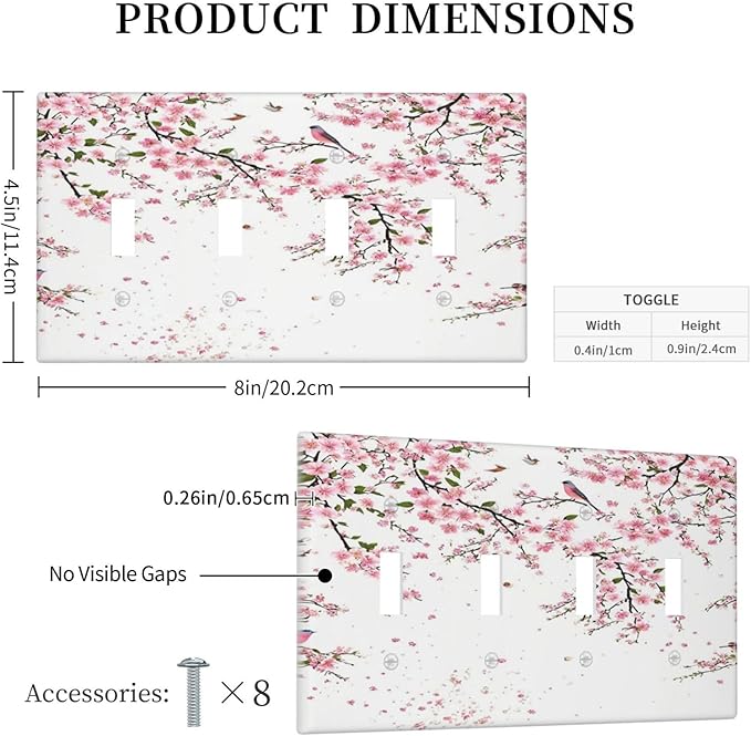 Decorative Light Switch Plate Covers Rustic Plum Blossom Pink Flowers 4 Gang Light Switch Cover Quad Toggle Wall Plate Outlet Covers for Country Home Bedroom Decor