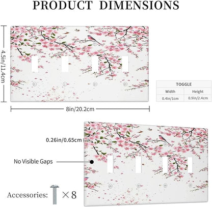 Decorative Light Switch Plate Covers Rustic Plum Blossom Pink Flowers 4 Gang Light Switch Cover Quad Toggle Wall Plate Outlet Covers for Country Home Bedroom Decor