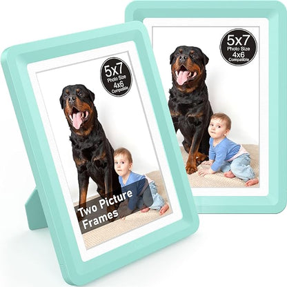 Green 5x7 Picture Frame with Acrylic Front 2 Pack, ABS Frame for 5x7 or 4x7 Photos, Shatterproof UV-Resistant Tabletop Photo Frame, Vertical/Horizontal Display for Home Décor