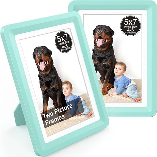 Green 5x7 Picture Frame with Acrylic Front 2 Pack, ABS Frame for 5x7 or 4x7 Photos, Shatterproof UV-Resistant Tabletop Photo Frame, Vertical/Horizontal Display for Home Décor