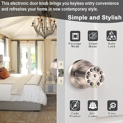 IU-20 Code Door Lock, Electronic Door Knob with Keypad and Key, Auto Lock, Waterproof, Passage Function, Long Battery Life,50 Codes, Easy to use and Install for Office/Warehouse/Bedroom/Garage