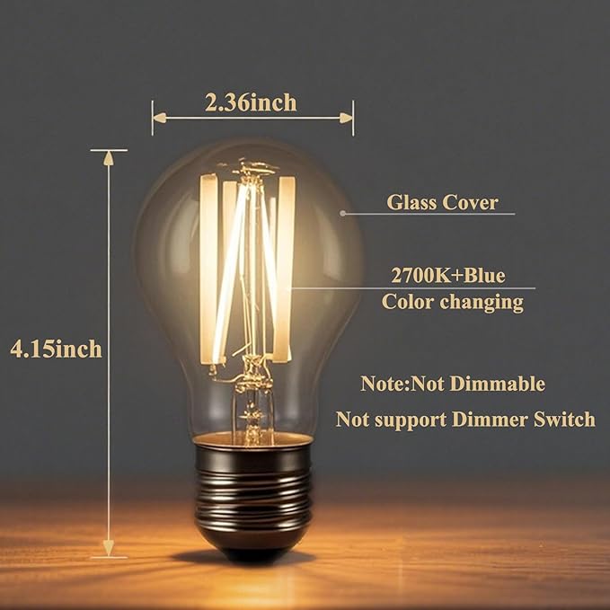 3 Color Temperature LED Bulb E26 Medium Base 60W Equivalent, 2700K Warm White and Blue Color Changing Light Bulb 3CCT A19 LED 6W Clear Glass, Not Dimmable, 2 Pack